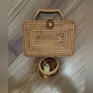 Woven Rattan Top-Handle Bag in Natural Brown With Bracelets